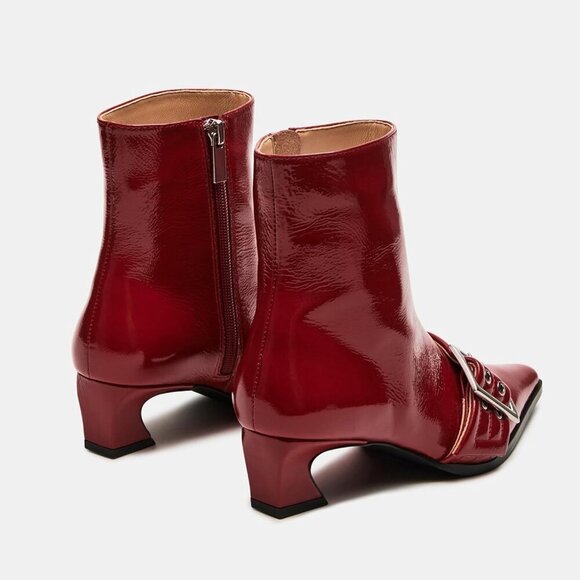 Women's Buckle Red Ankle Boot Kitten Heel Pointed Toe Leather Fashion Dress Boot - Picture 7 of 9